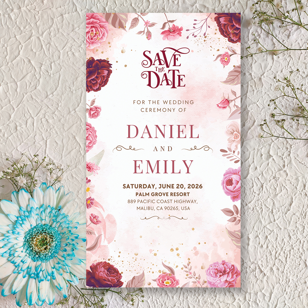 Pink and red rose save the date Wedding Card