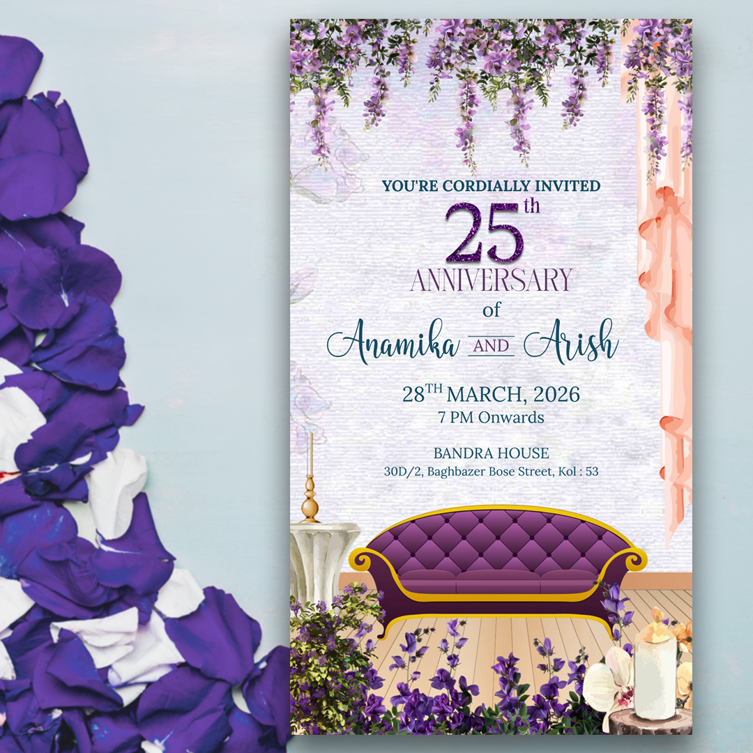 Purple wedding anniversary invitation card