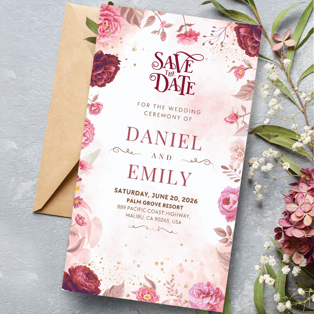 Pink and red rose save the date Wedding Card