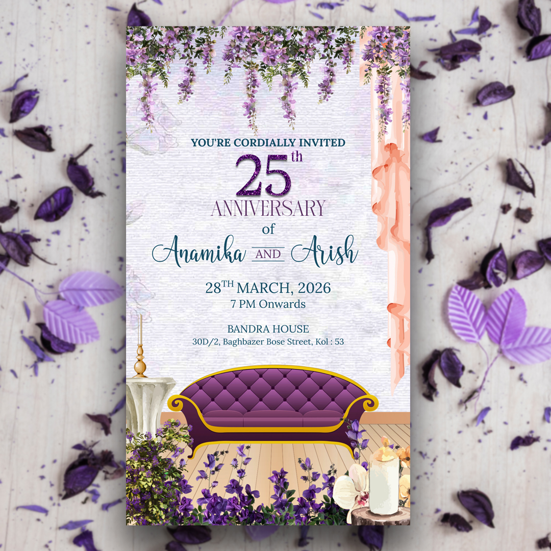 Purple wedding anniversary invitation card